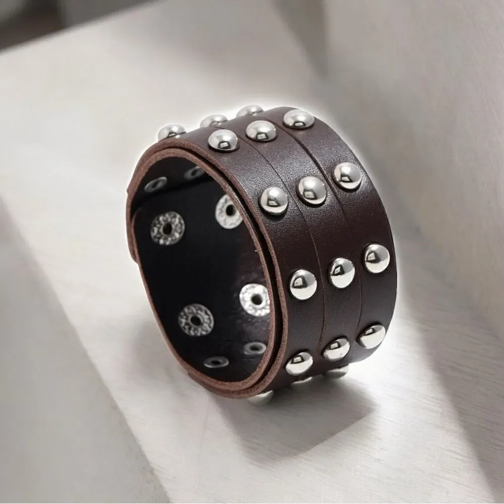 2 Silver Studded Black & Brown Leather Wrap/Band/Bracelet - Unise…